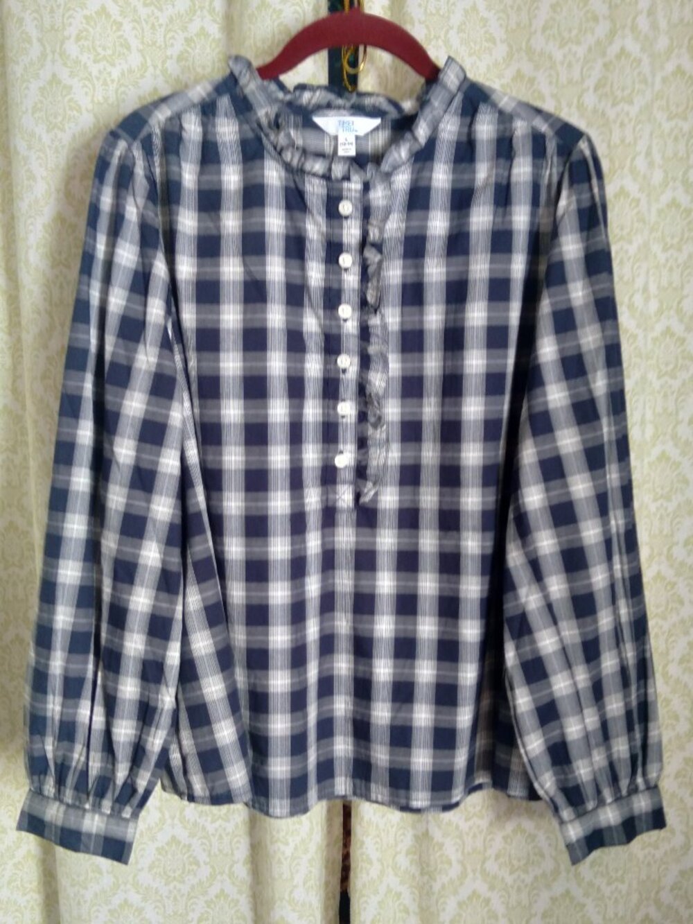 Henley-Style Long Sleeve Plaid Blouse